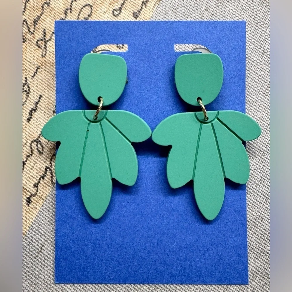 New Green Tropical Leaves Retro 80s Style Matte Finish Dangle Earrings - 2”